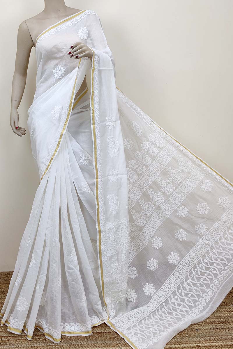 White color Hand Embroidered Work Lucknowi Chikankari Saree With Blouse (Chanderi Cotton) MC252538