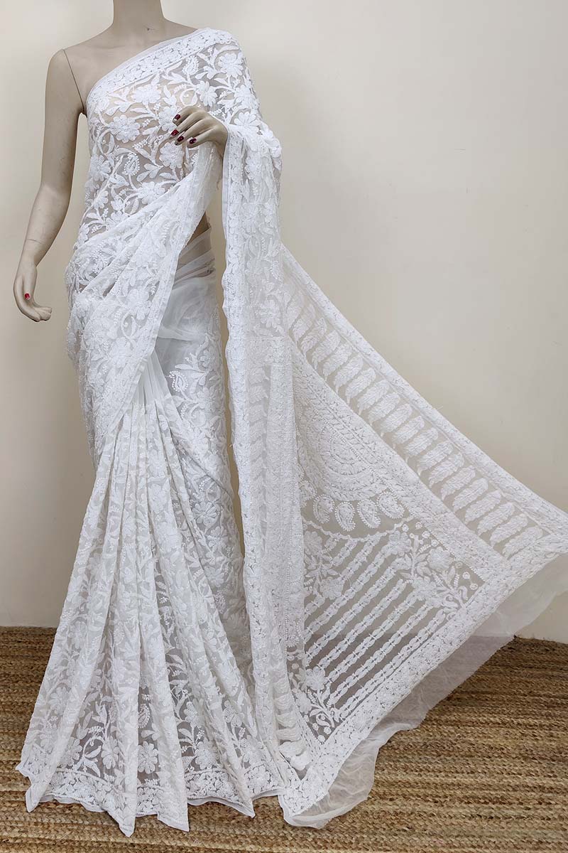 White Color Allover Hand Embroidered Lucknowi Chikankari Saree (With Blouse - Georgette) MC252546