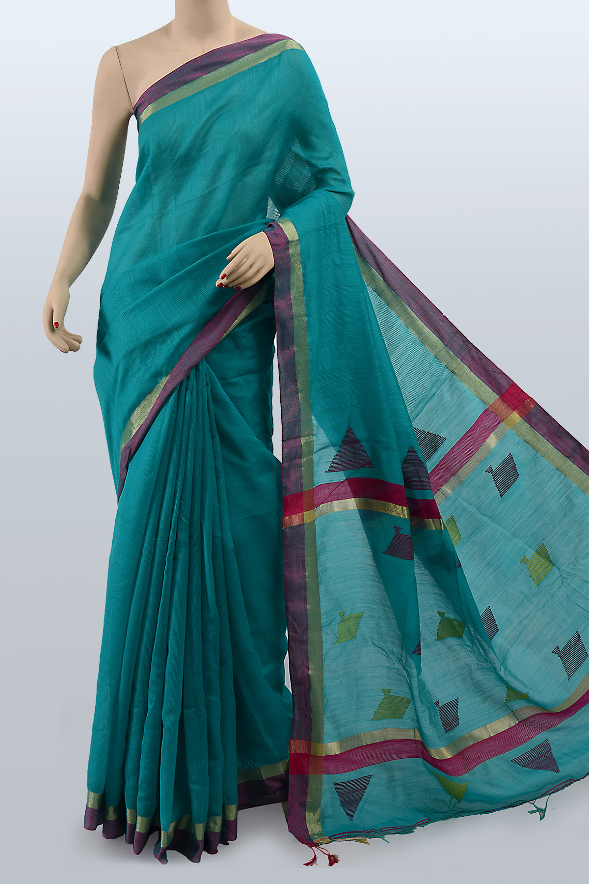 Seagreen Colour Bengal Handloom Cotton Saree(Without Blouse)MC250730