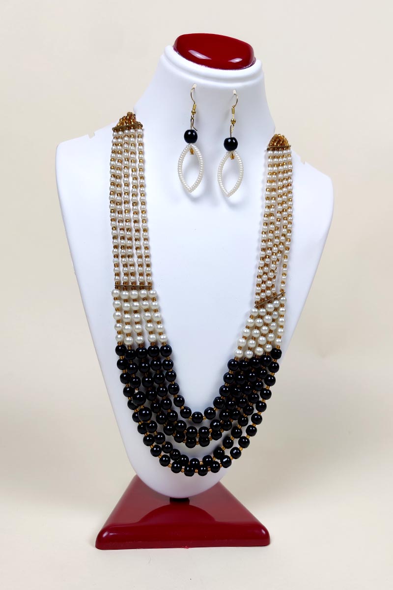 Black & White Color Beaded Layered Necklace with a Dangle Earings MC252645