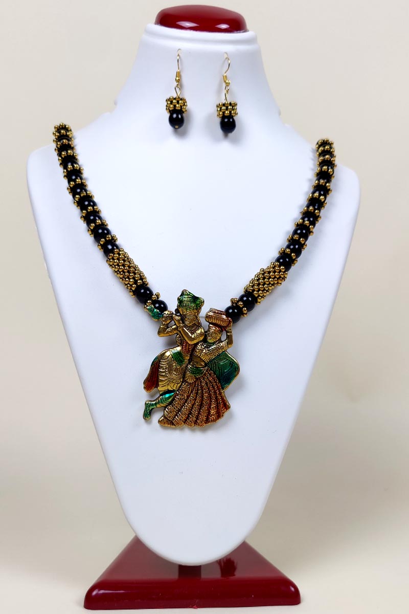 Green Colour Golden plated Radha Krishna Pendant Necklace set for Girls & Womens with a Dangle Earings MC252653