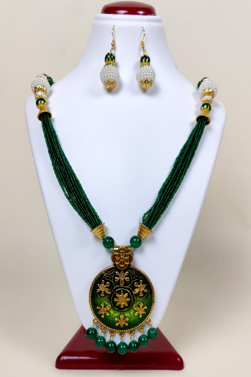 Green Color Neckpiece Golden Oxidise Plated Pendant & Beaded Chains Work with a Pair of Dangle Earrings MC252654