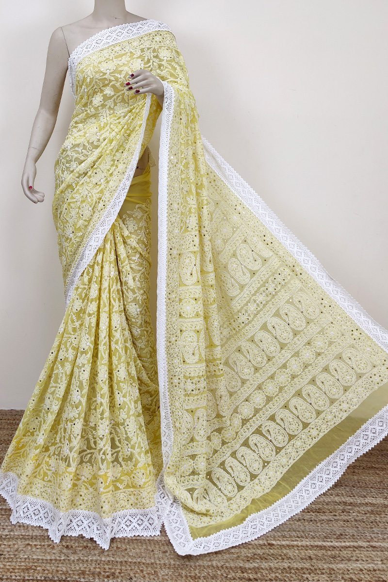 Yellow Color  Hand Embroidered Lucknowi Chikankari Saree (With Blouse) MC252719