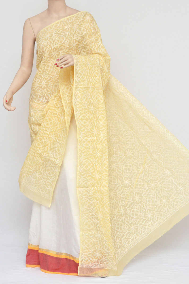 Light-Yellow Allover Tepchi Hand Embroidered Lucknowi Chikankari Dupatta (Kota Cotton)MC251052