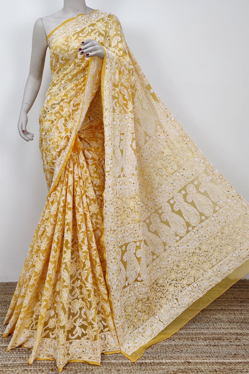 Mustard Yellow  Colour Georgette Lucknowi Chikankari (saree with blouse) with Mukaish work MC252734