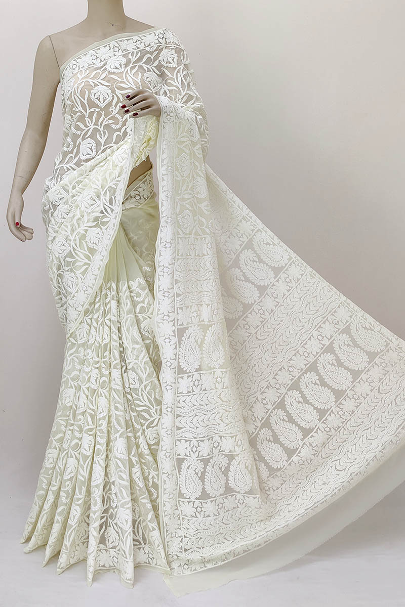 Lemon Color Allover Hand Embroidered Lucknowi Chikankari Saree (With Blouse - Georgette) MN252185