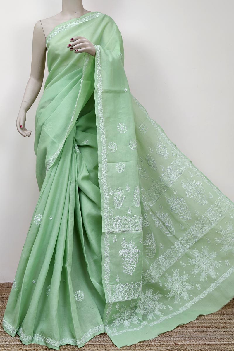 Pista Green Color Hand Embroidered Lucknowi Chikankari Saree (With Blouse - Cotton) MC252744