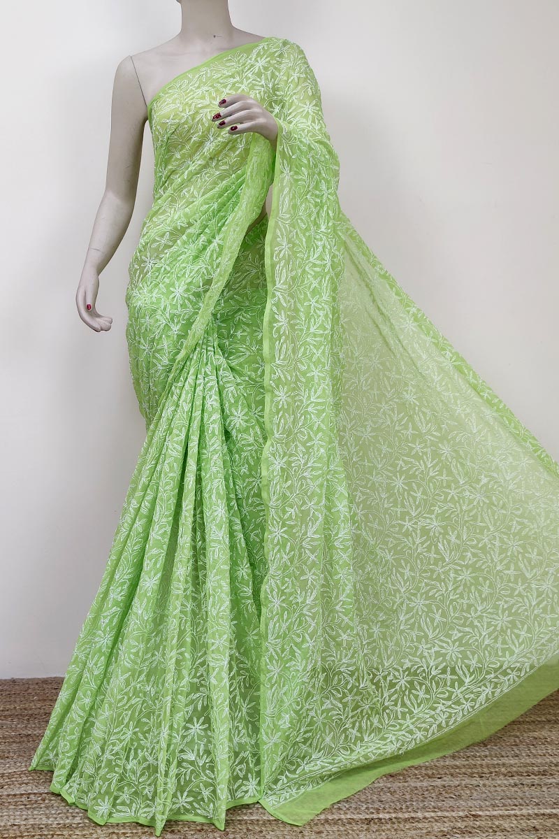 Green Colour Georgette Lucknowi Chikankari Tepchi Saree (with Blouse) MC252758