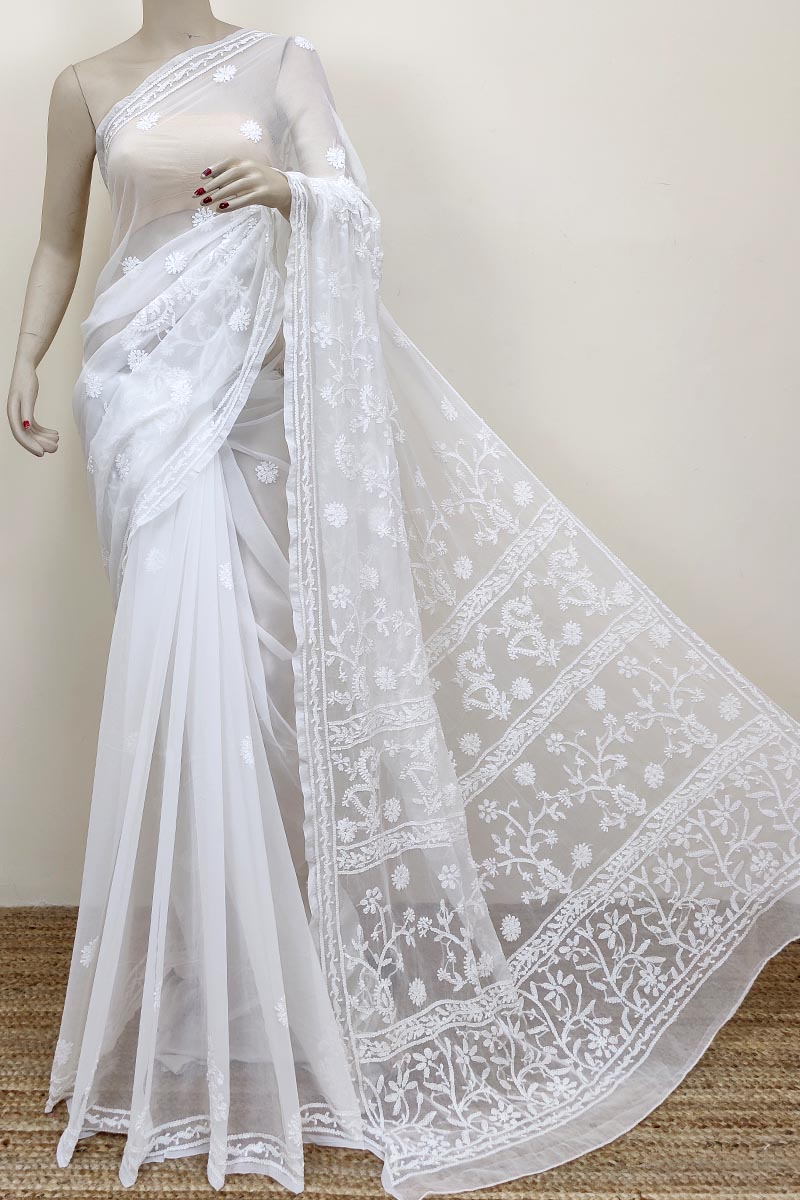 White colour Georgette Lucknowi Chikankari (Saree with Blouse) MC252573