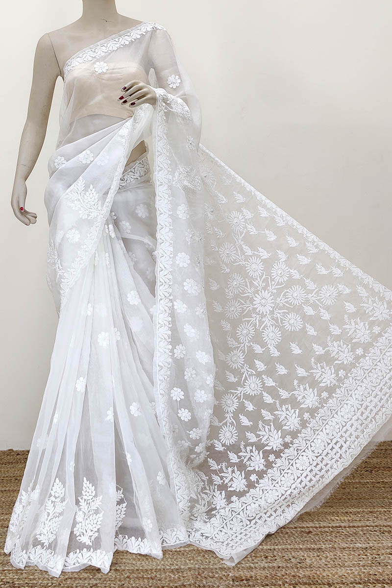 White Color Designer dyeable Hand Embroidered Lucknowi Chikankari Saree (With Blouse - Organza) MC252269