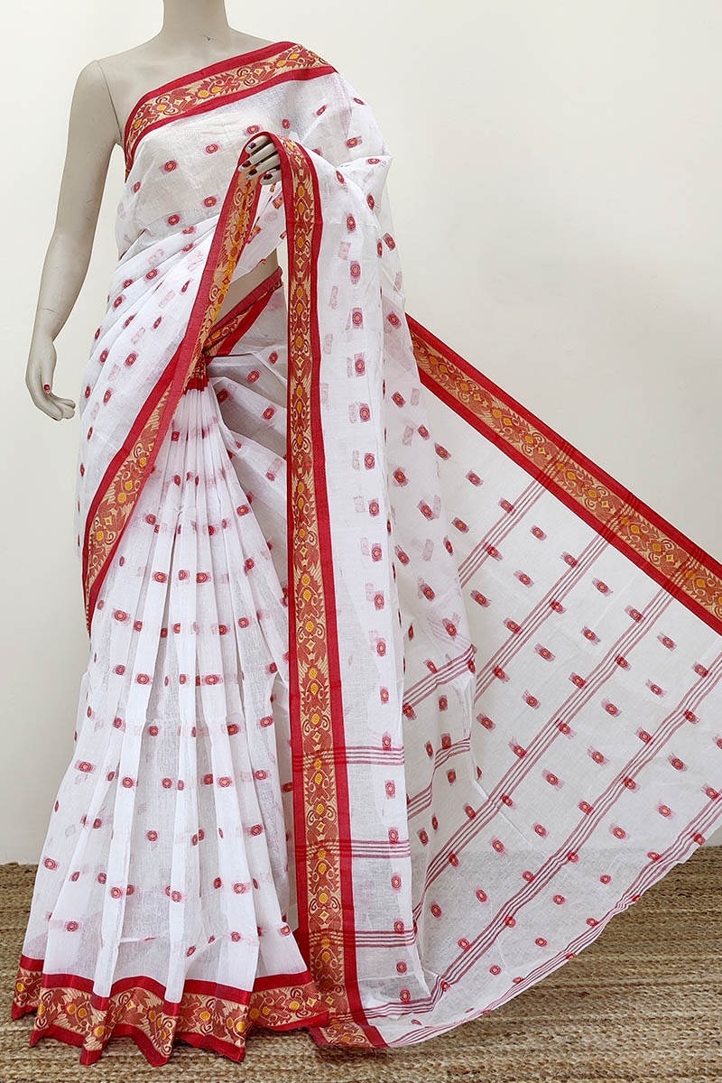 White-Red Color Cotton Tant Bengal Handloom Saree (Without Blouse) MC252270