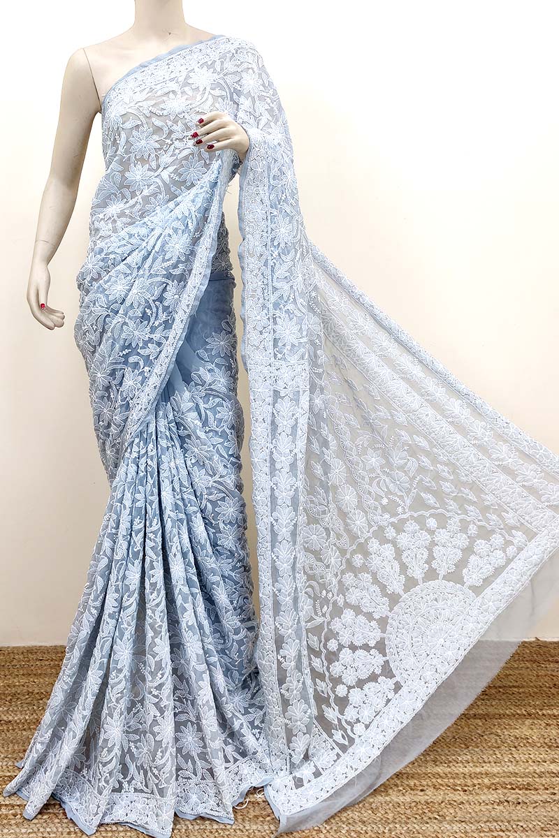 Grey Color Allover Hand Embroidered Lucknowi Chikankari Saree (With Blouse - Georgette) MC252485
