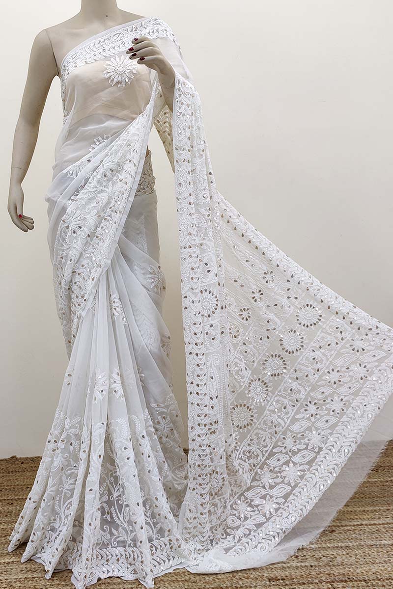 White Color Allover Hand Embroidered Lucknowi Chikankari Saree with gota Patti work (With Blouse - Georgette) MC252493