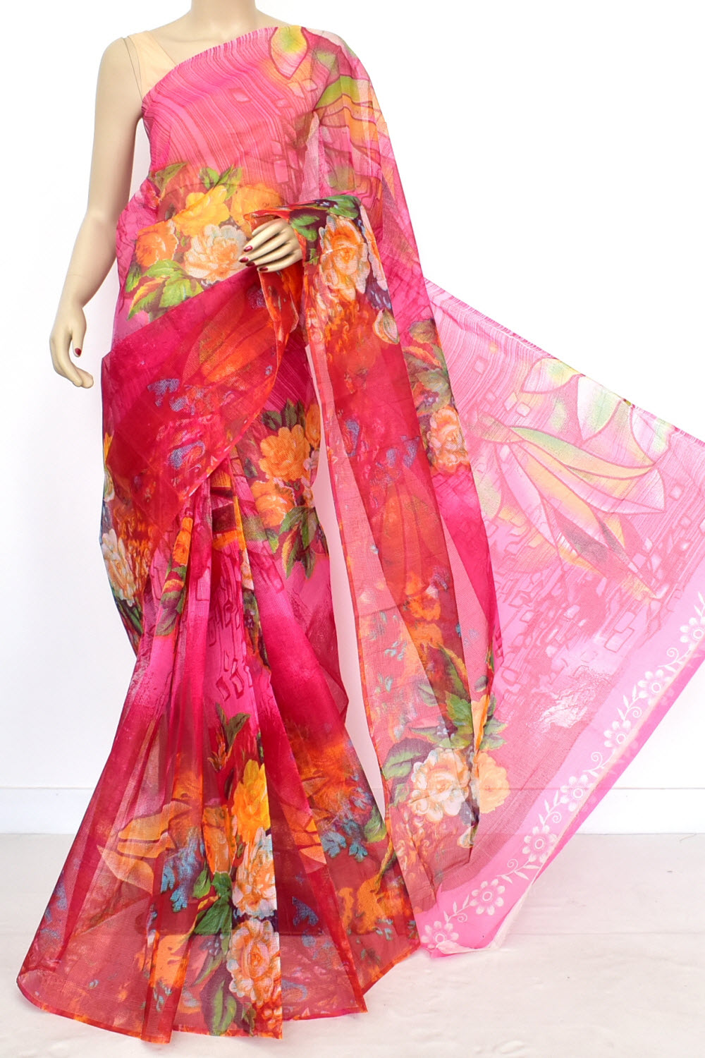 Rani Pink JP Munga Kota Floral Print Handloom Cotton Saree without Blouse 15640