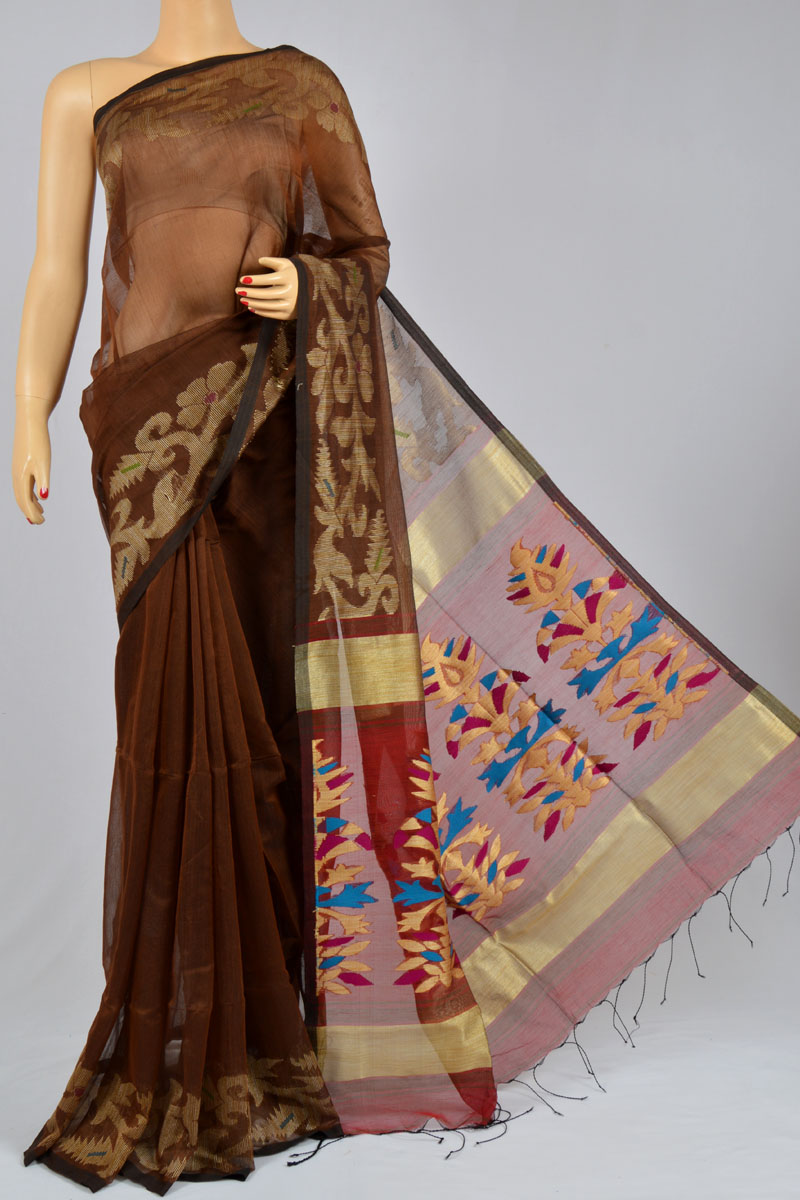 Mahogany Color Soft Dhakai Jamdani Bengal Handloom Ghicha Silk Pattern Special Handmade Designer Pallu Saree (with Blouse) - Mc250132