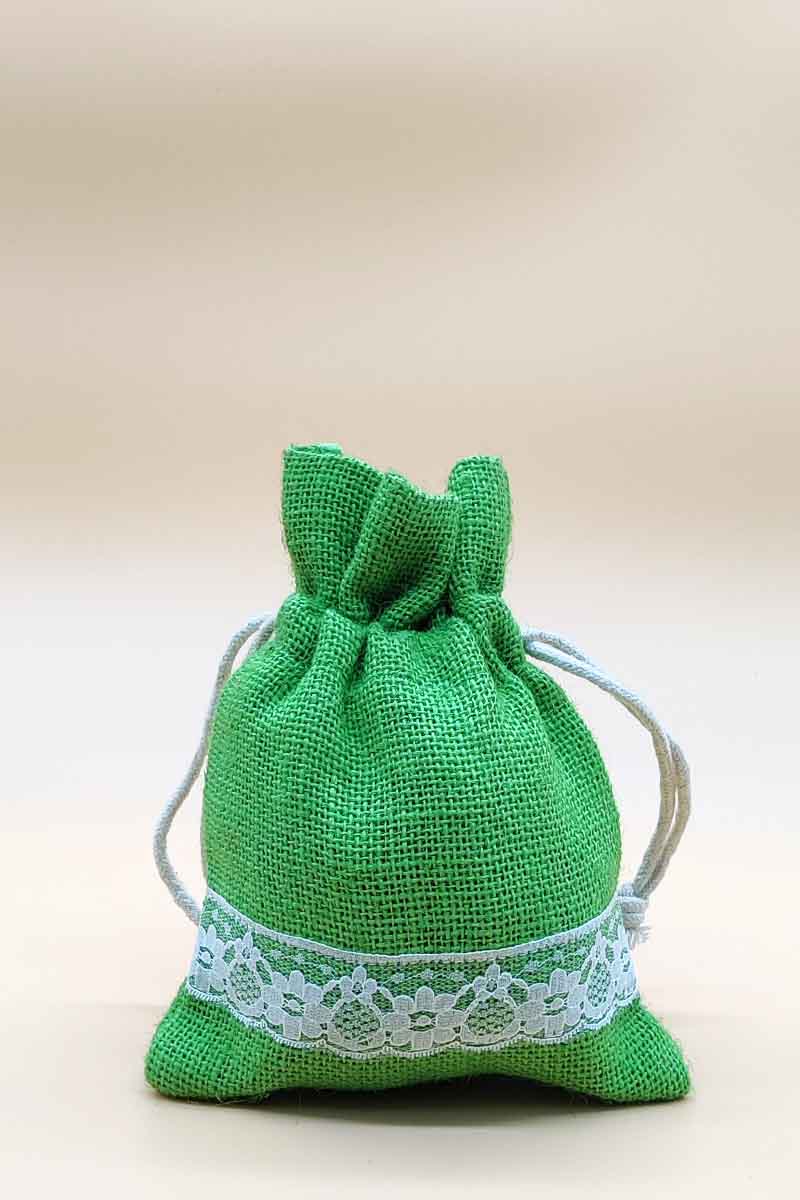 Light Green Colour beautiful jute potli bag with lace work- MC251245