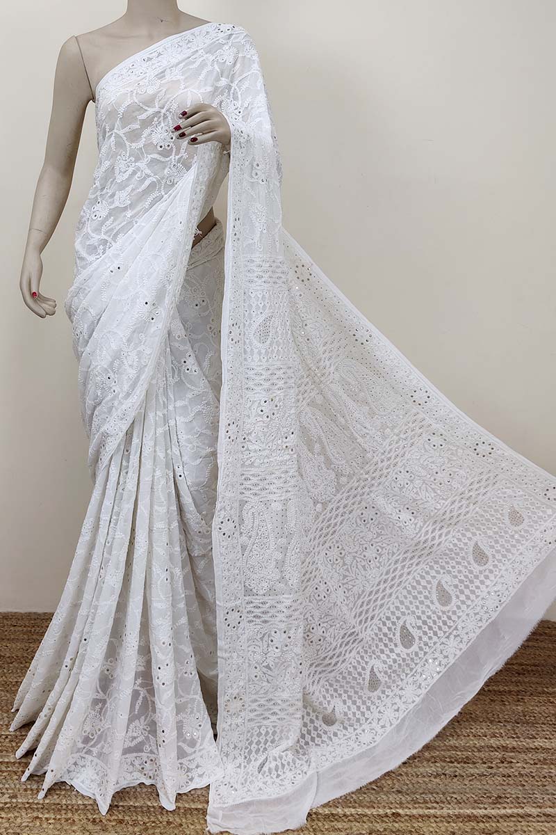White Color viscose dyeable Mukaish Work Hand Embroidered Lucknowi Chikankari Saree (With Blouse - Viscose Georgette) MC252510