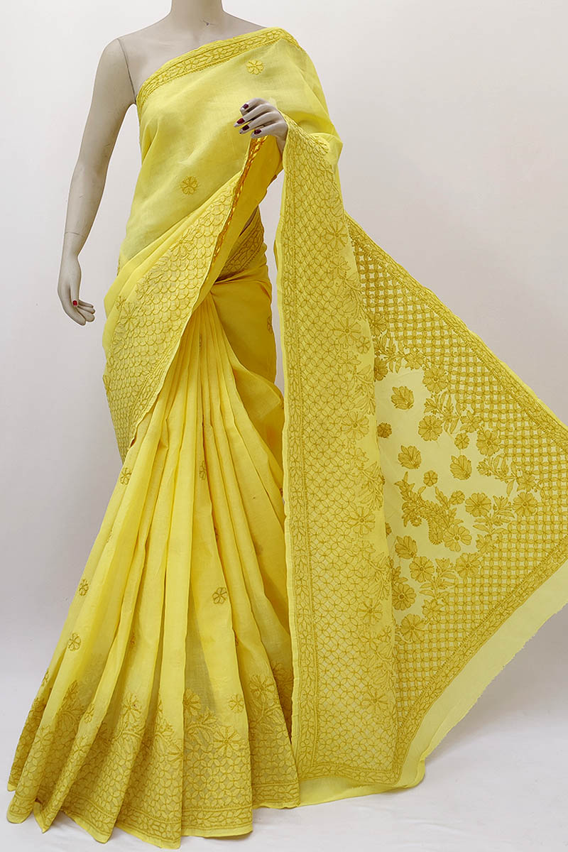 Yellow Color Designer Hand Embroidered Lucknowi Chikankari Saree (with Blouse - Cotton) Mn252114