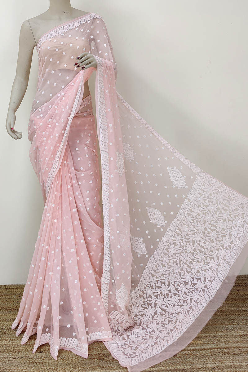 Peach color Allover booti jaal Hand Embroidered Lucknowi Chikankari Saree (With Blouse- Georgette) MC252255