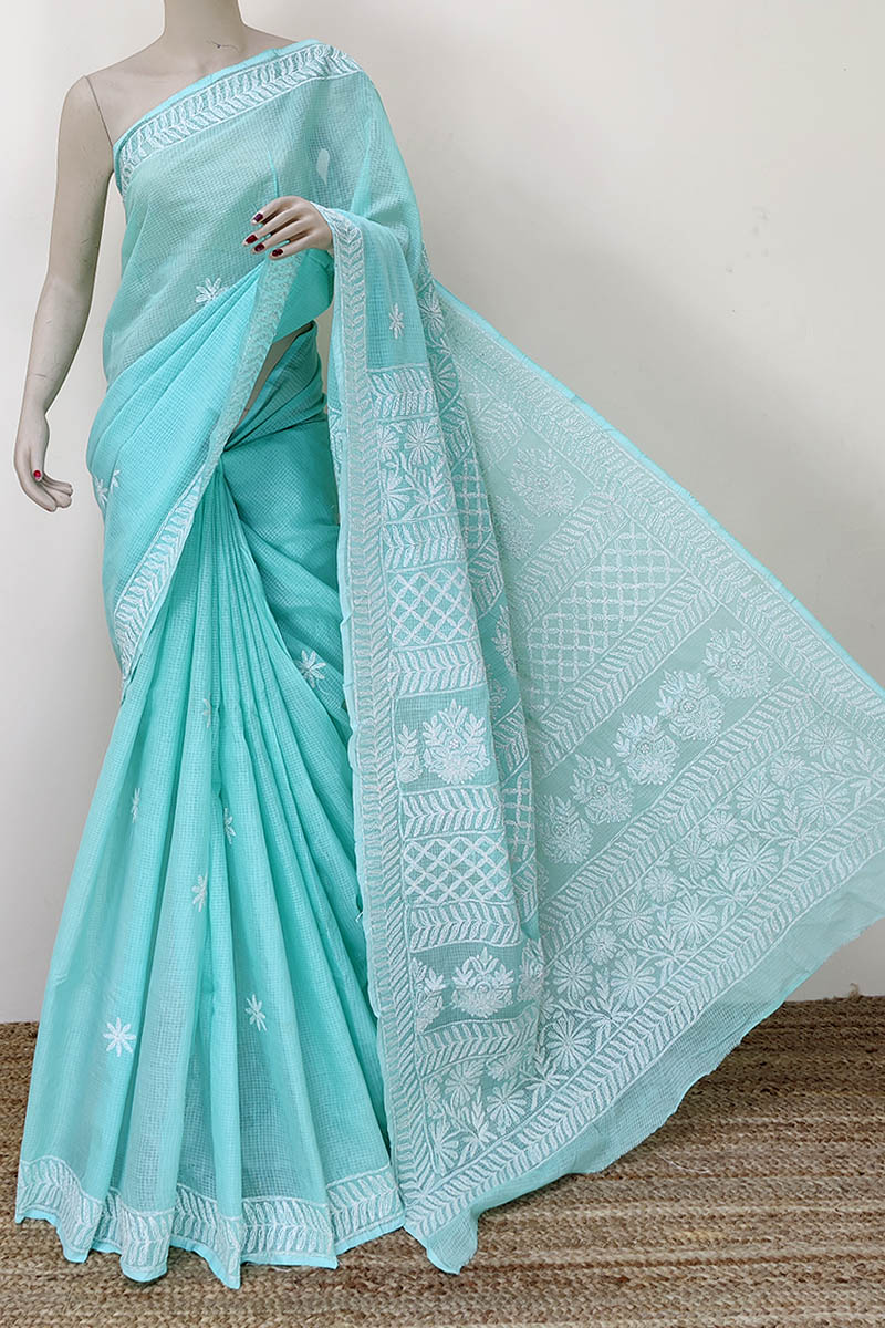 Sea Green Color Hand Embroidered Lucknowi Chikankari Tepchi Saree (with Blouse-kota Cotton) Mc252256