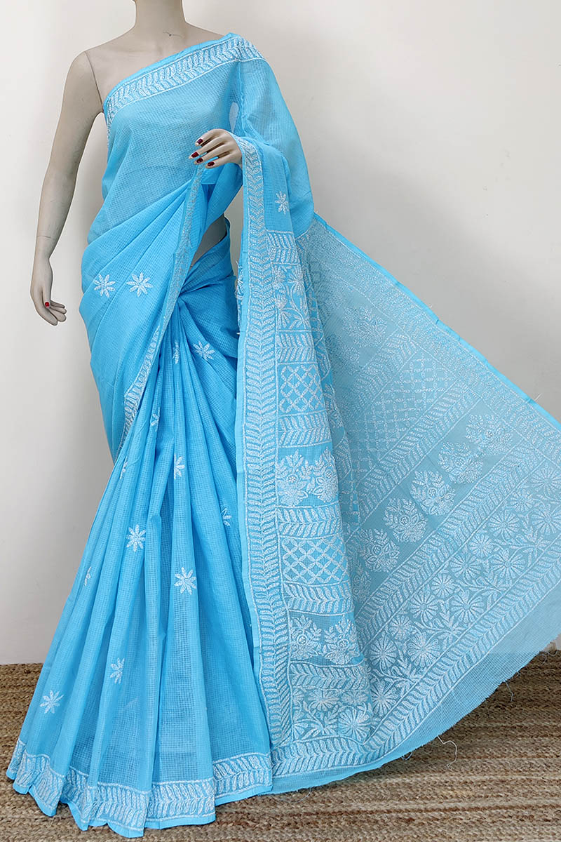 Blue Color Hand Embroidered Lucknowi Chikankari Tepchi Saree (with Blouse-kota Cotton) Mc252257