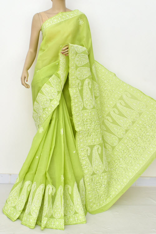 Green Color Hand Embroidered Lucknowi Chikankari Saree (With Blouse - Cotton) 14894