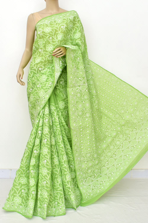 Green Color Hand Embroidered Lucknowi Chikankari Saree (With Blouse - Cotton) 14900