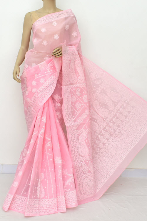 Baby_Pink Color Hand Embroidered Lucknowi Chikankari Saree (With Blouse - Cotton) 14908