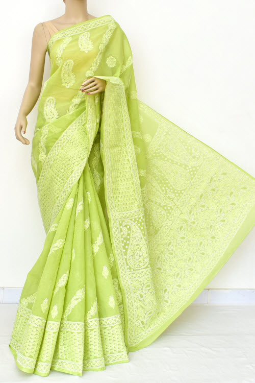 Green Color Hand Embroidered Lucknowi Chikankari Saree (With Blouse - Cotton) 14925