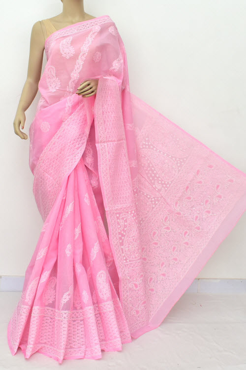 Pink Color Hand Embroidered Lucknowi Chikankari Saree (With Blouse - Cotton) 14927