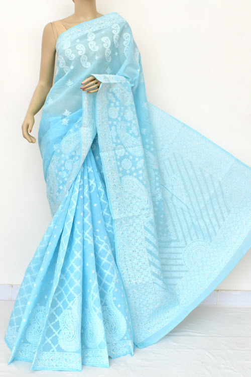 Blue Color Hand Embroidered Lucknowi Chikankari Saree (With Blouse - Cotton) 14929