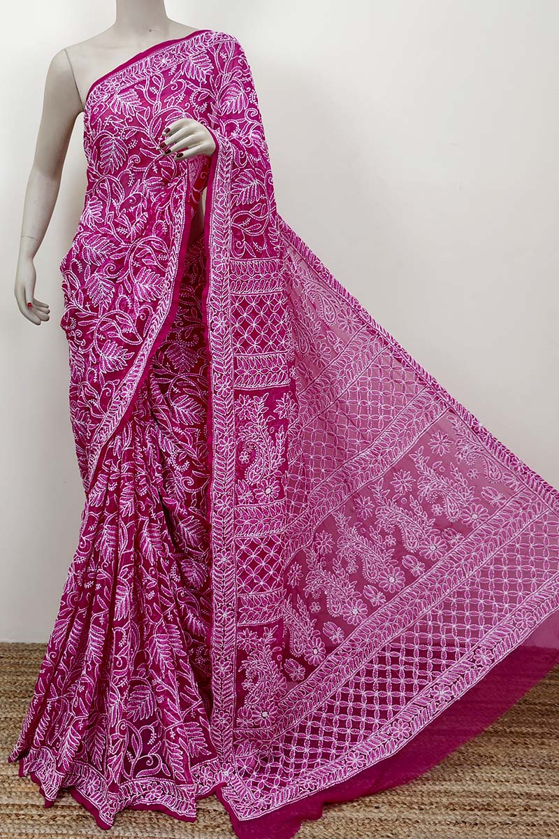 Magenta Color Hand Embroidered Allover Lucknowi Chikankari Saree (With Blouse - Georgette) MC252512