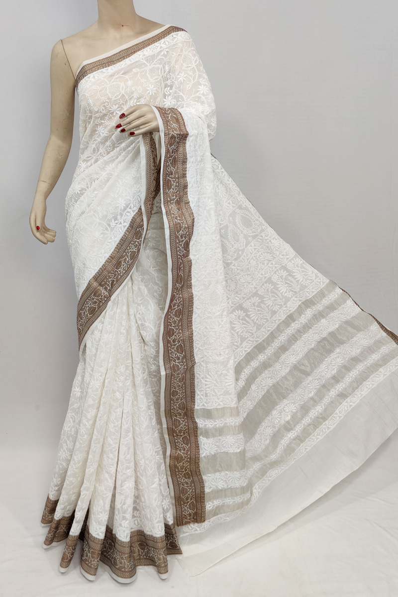 White Colour Cotton Hand Embroidery Dyeable Chanderi Chikankari Saree with  Blouse MC253060