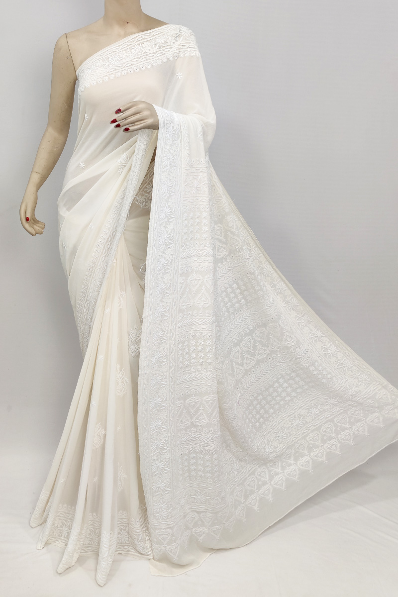 Off White Colour Dyable Pure Georgette Lucknowi Chikankari Saree With Blouse MC253062