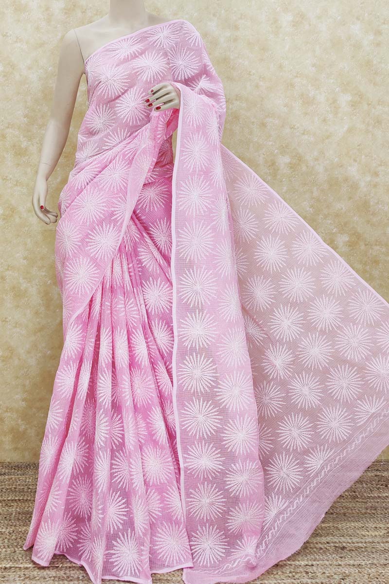 Pink Color Hand Embroidered Tepchi Work Lucknowi Chikankari Saree (with Blouse - Kota Cotton) Mc251483