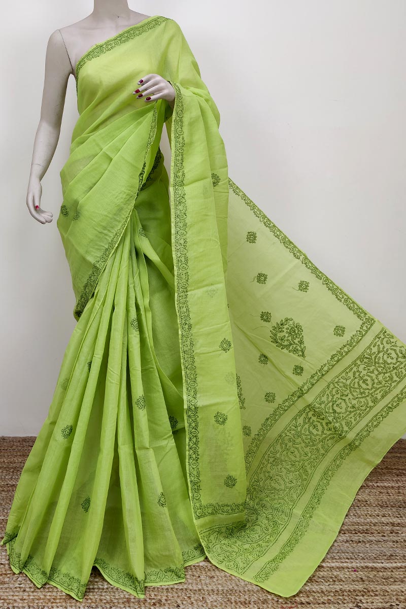 Green Color Hand Embroidered Lucknowi Chikankari Saree (With Blouse - Cotton) MC252610