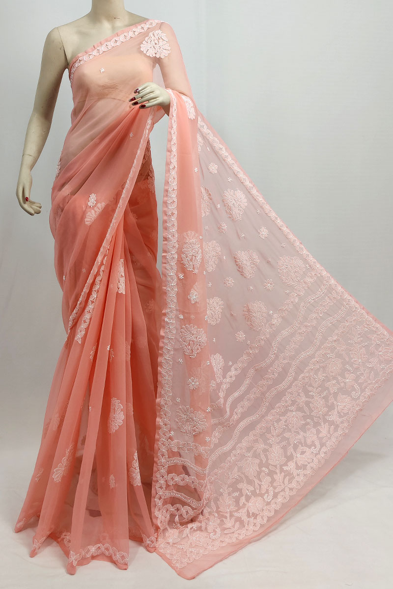 Peach Color Georgette Designer Lucknowi Chikankari Saree With Blouse MC253311