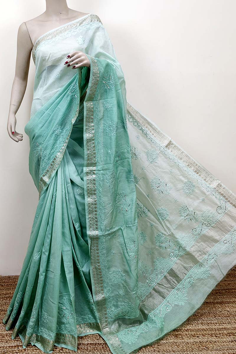 Pista Green Color Chanderi Silk Chikankari Saree With Mukaish Work (with Blouse) Mc252521