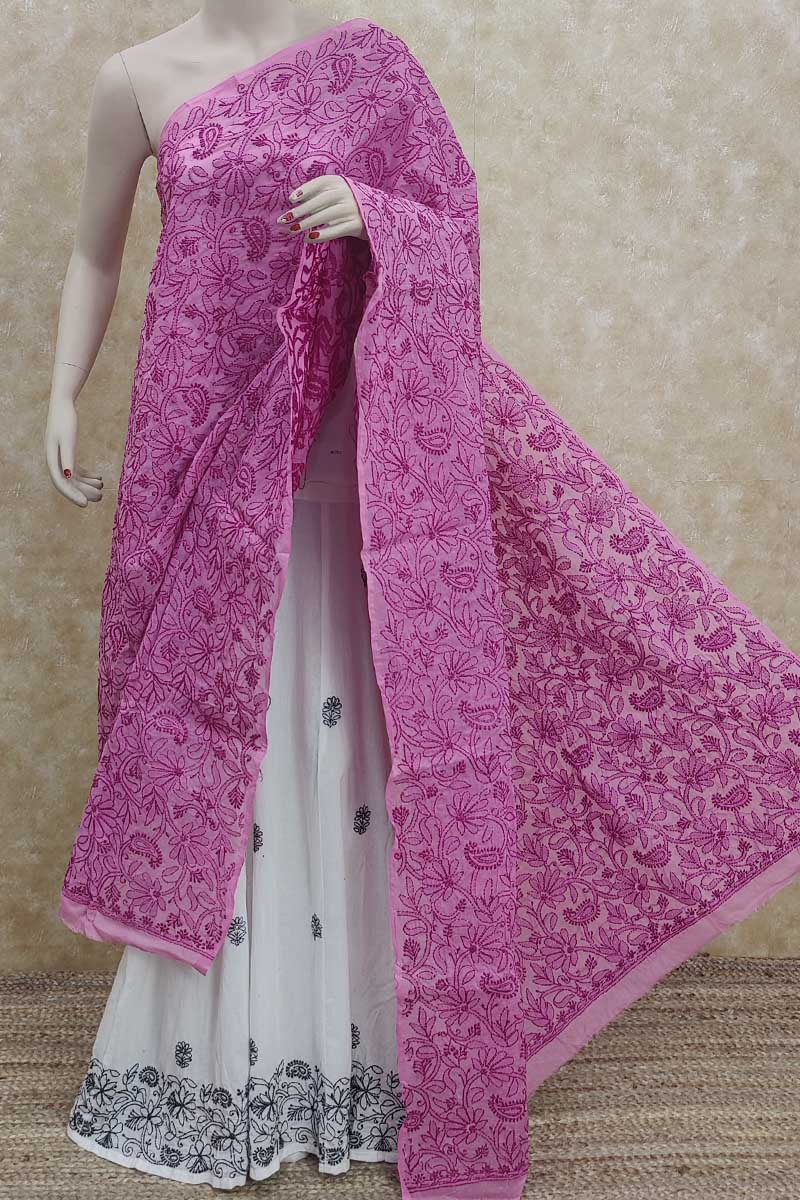 Pink Allover Tepchi Hand Embroidered Lucknowi Chikankari Dupatta (Cotton) MC251672