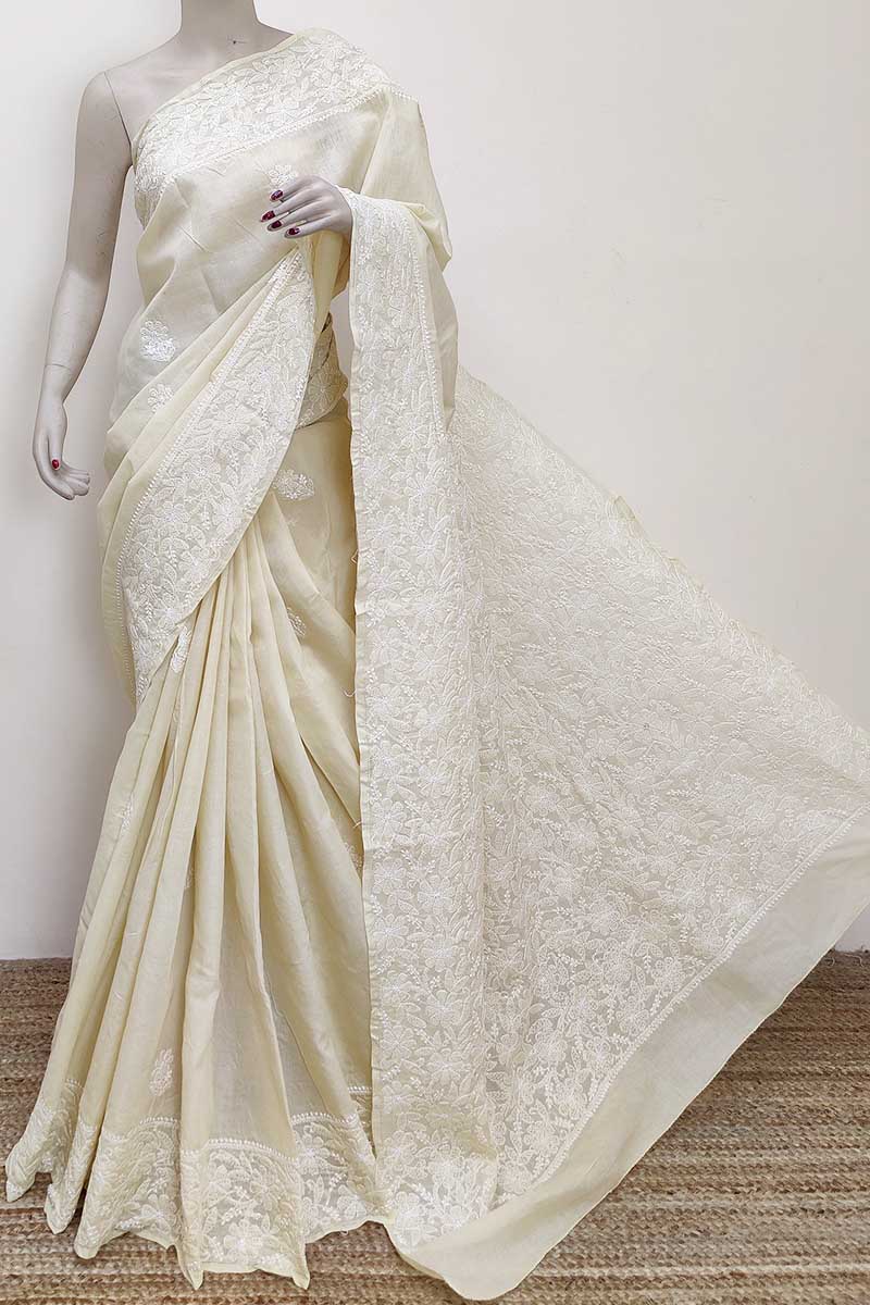 Fawn Color Hand Embroidered Cotton Lucknowi Chikankari Saree (with Blouse) Mc252964