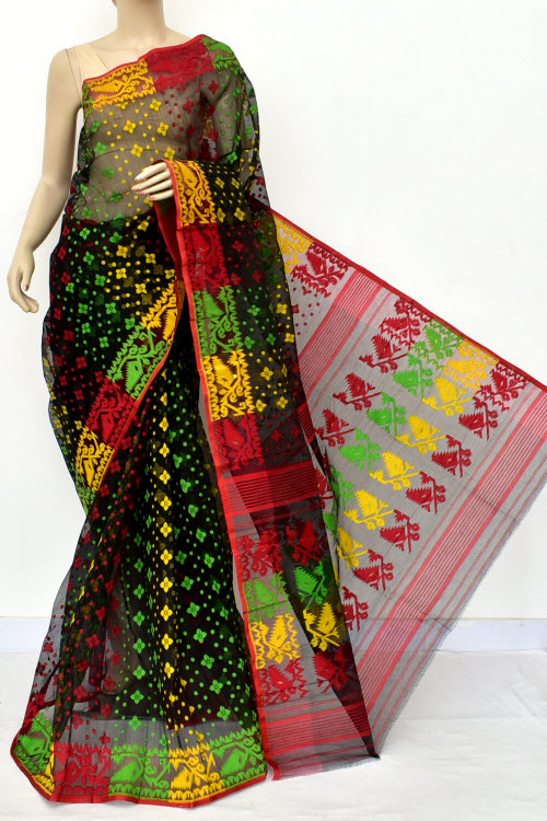 Buy Black Jamdani Handloom Bengal Tant Cotton Saree Without Blouse 17720 www.maanacreation