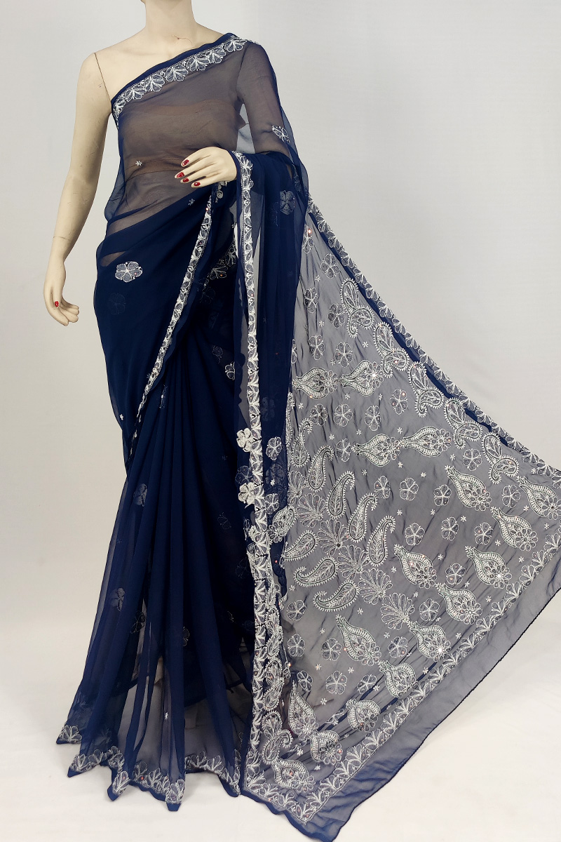 Royal Blue Colour Georgette Lucknowi Chikankari Saree With Blouse With Sequence Pearl Work MC253064