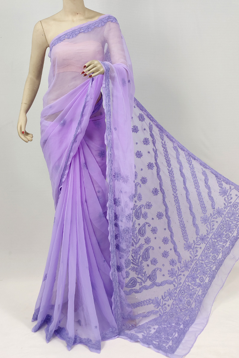 Lavender Colour Georgette Lucknowi Chikankari Saree With Blouse MC253077