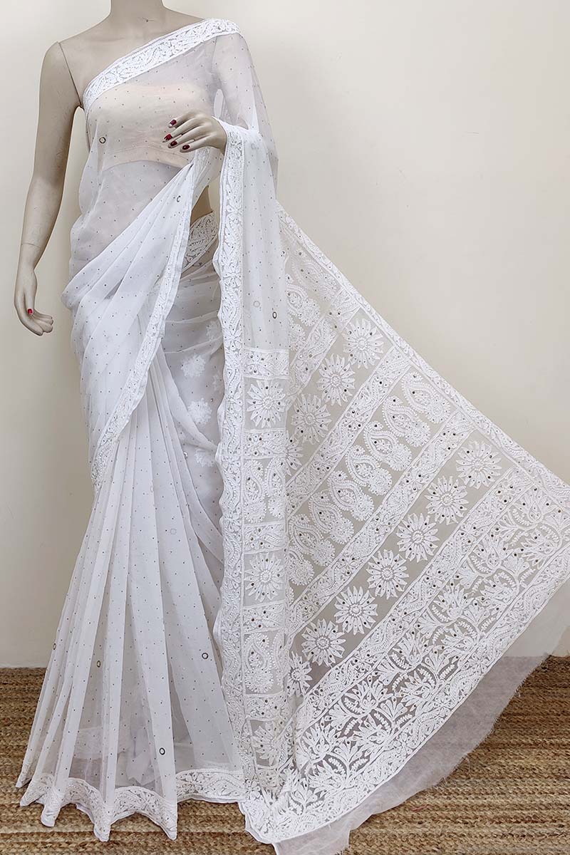White Color Designer Hand Embroidered Lucknowi Chikankari Saree with mukaish work (With Blouse - Georgette) MC252536