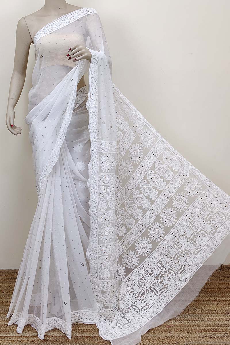 White Color Designer Hand Embroidered Lucknowi Chikankari Saree With Mukaish Work (with Blouse - Georgette) Mc252536