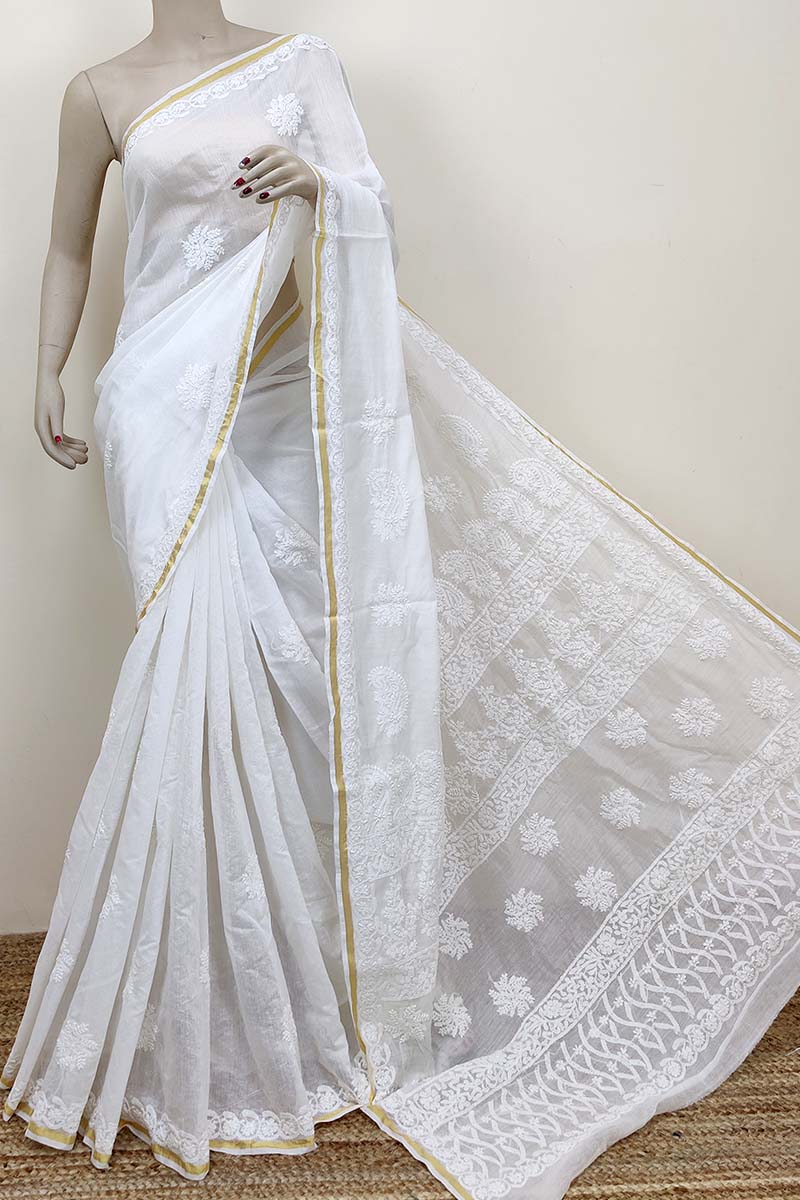 White Color Hand Embroidered Work Lucknowi Chikankari Saree With Blouse (chanderi Cotton) Mc252538