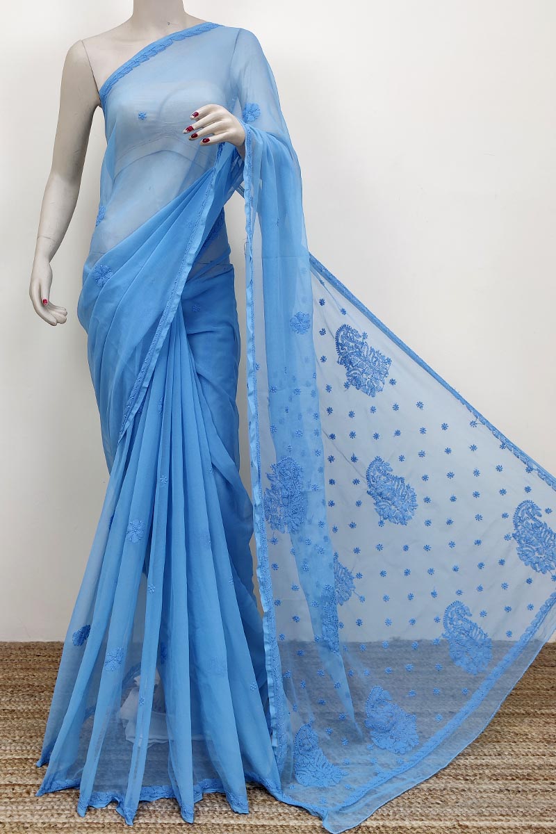 Turquoise Blue Colour Georgette Lucknowi Chikankari (saree With Blouse) Mc252628