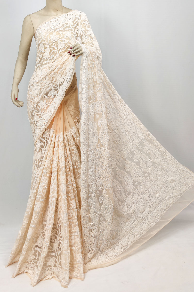 Peach Color Georgette Allover Lucknowi Chikankari Saree With Blouse MC253258