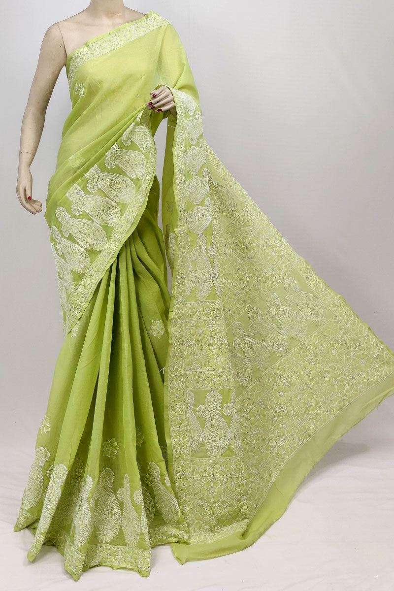 Green Color Cotton Lucknowi Chikankari Saree With Blouse MC253250