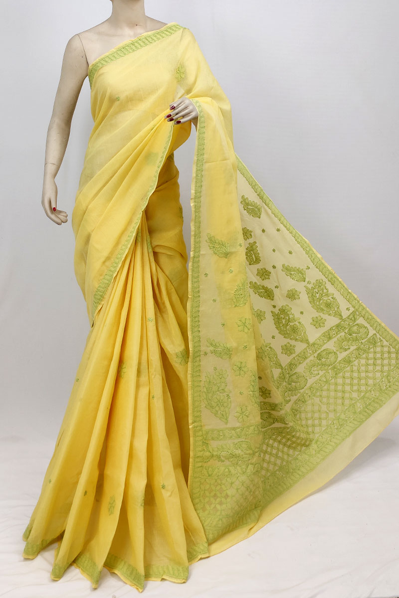 Yellow Color Cotton Lucknowi Chikankari Saree With Blouse MC253251